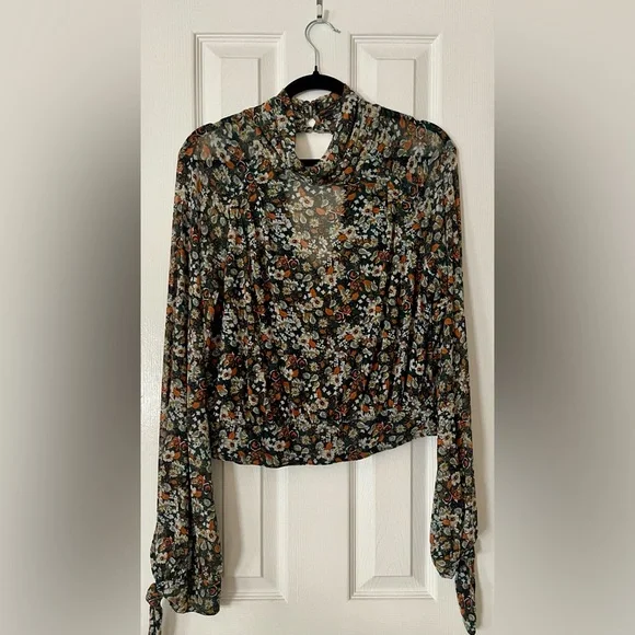 Free People All Dolled Up Floral Green Sheer High Neck Long Sleeve Mesh size L - Picture 5 of 10